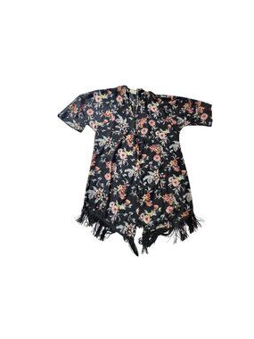 Ember Womens Floral Fringe Kimono Jacket In Black Multicolor Polyester Size L1
